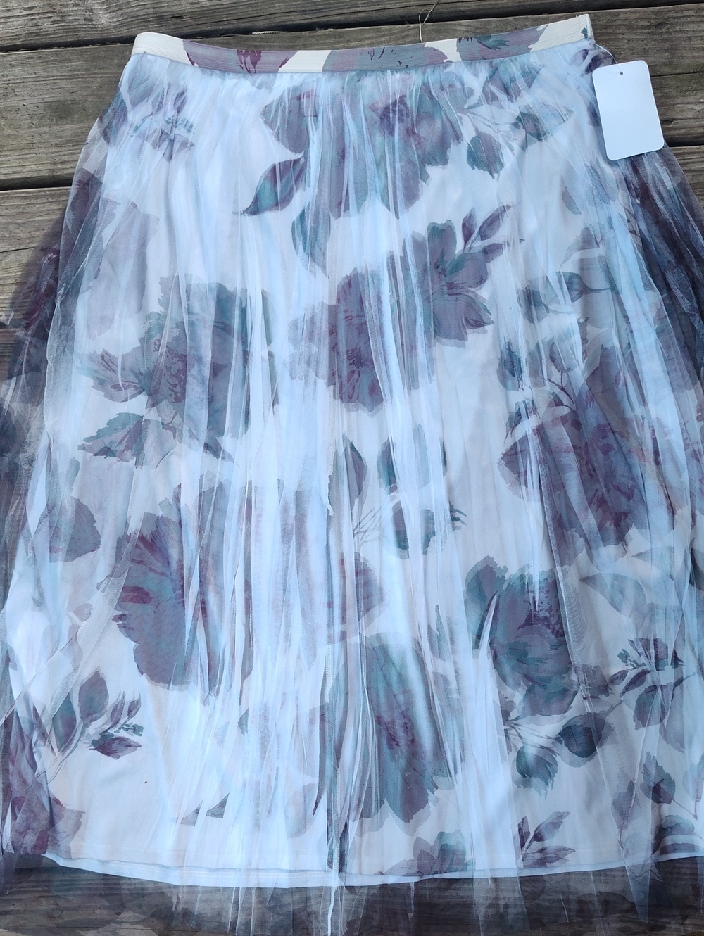 Coldwater Creek Sheer Layer Floral Midi Skirt - White with Purple & Teal Accents